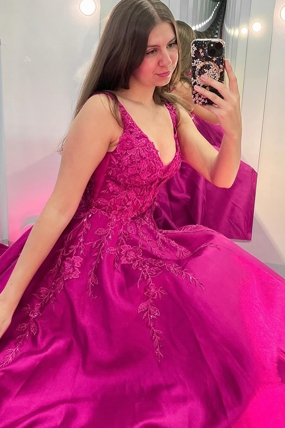Fuchsia Prom Dress A Line Appliqued Satin Long Formal Dress With Pockets