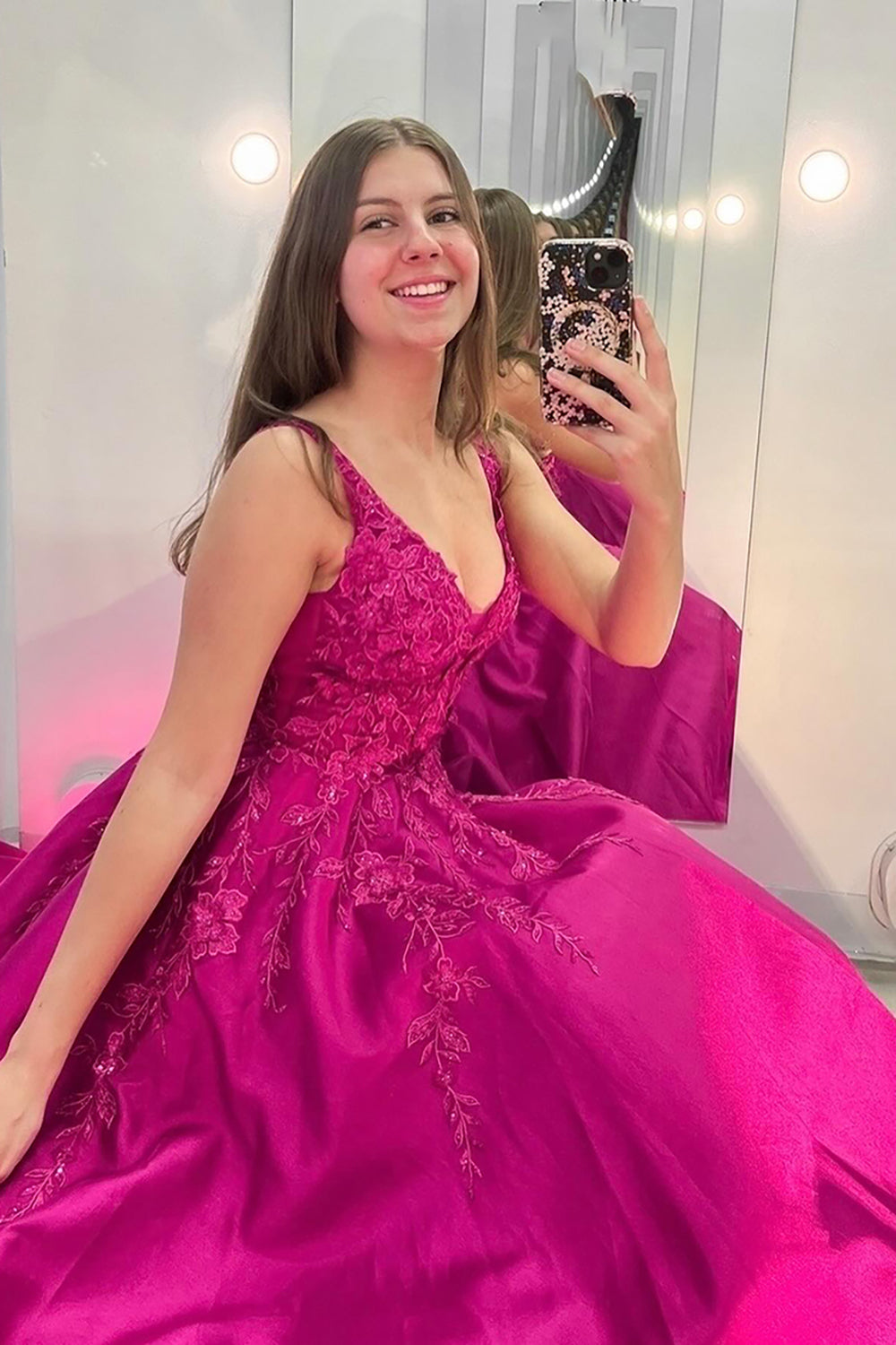 Fuchsia Prom Dress A Line Appliqued Satin Long Formal Dress With Pockets