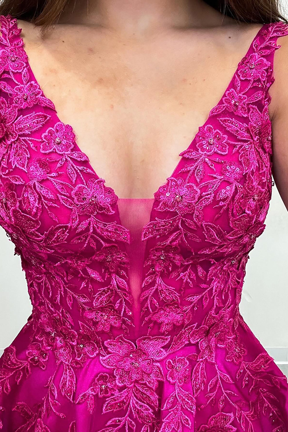 Fuchsia Prom Dress A Line Appliqued Satin Long Formal Dress With Pockets