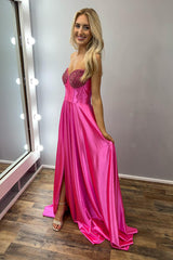 Fuchsia Prom Dress A-Line Beaded Sweetheart Long Formal Dress With Slit