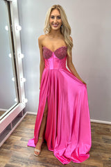 Fuchsia Prom Dress A-Line Beaded Sweetheart Long Formal Dress With Slit