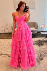 Fuchsia Prom Dress A-Line Sweetheart Tiered Formal Dress With Slit