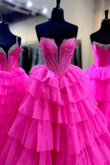 Fuchsia Prom Dress Corset Ruffled A-Line Long Formal Dress With Lace