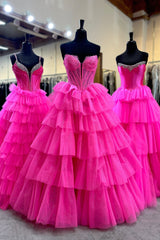 Fuchsia Prom Dress Corset Ruffled A-Line Long Formal Dress With Lace