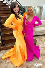 Fuchsia Prom Dress Feathered V-Neck Formal Dress With Long Sleeves