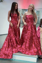 Fuchsia Prom Dress Floral Embroidered A-Line Long Formal Dress