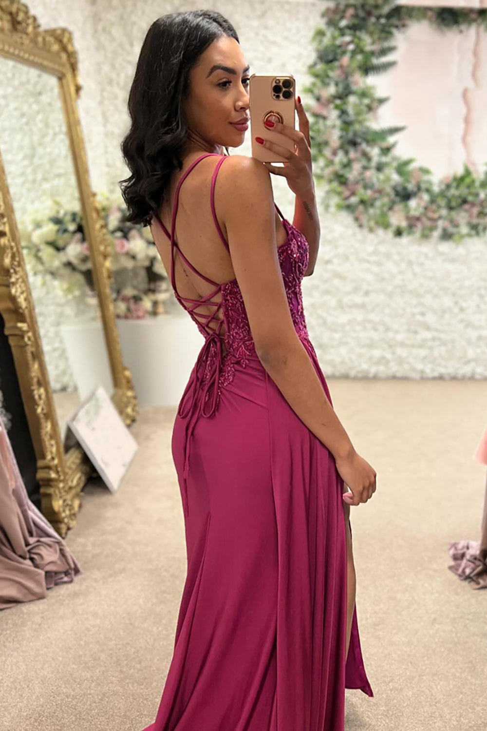 Fuchsia Prom Dress Floral Mermaid Ruche Spaghetti Straps Long Formal Dress With Slit