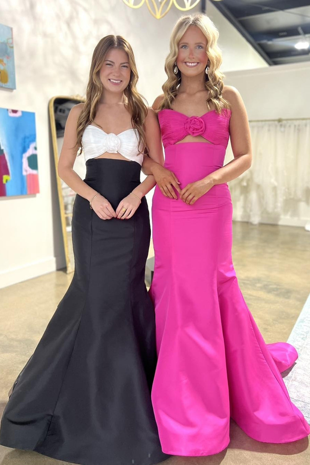 Fuchsia Prom Dress Floral Mermaid Strapless Long Formal Dress