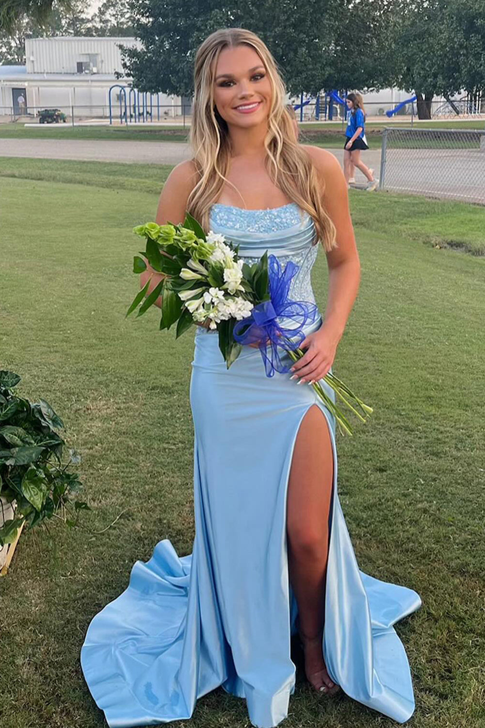 Fuchsia Prom Dress Mermaid Appliques Ruche Long Formal Dress With Slit