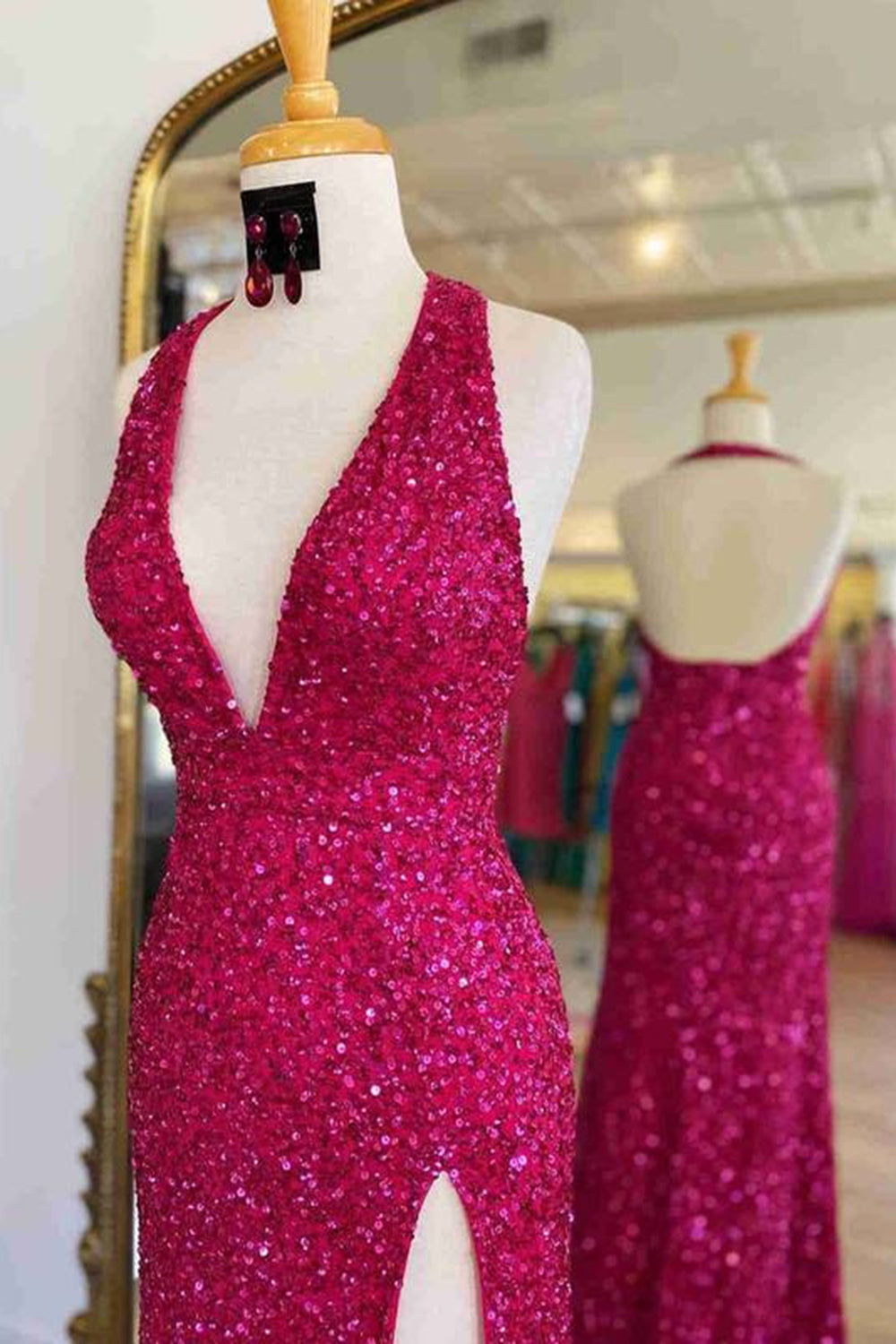 Fuchsia Prom Dress Mermaid Halter Backless Long Sequined Evening Dress with Slit