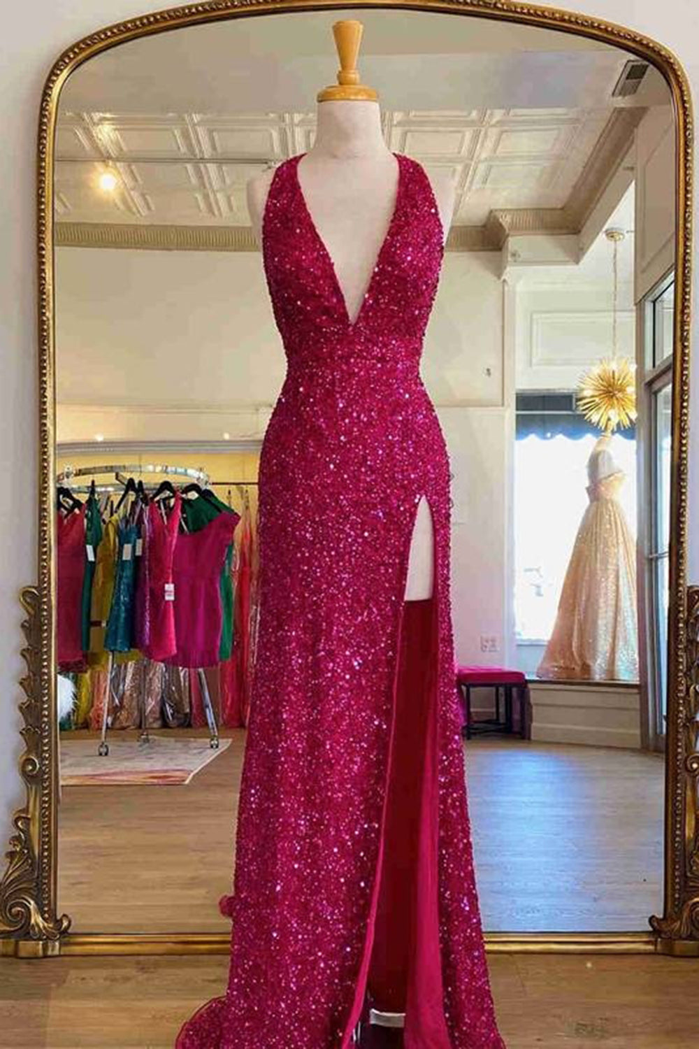 Fuchsia Prom Dress Mermaid Halter Backless Long Sequined Evening Dress with Slit