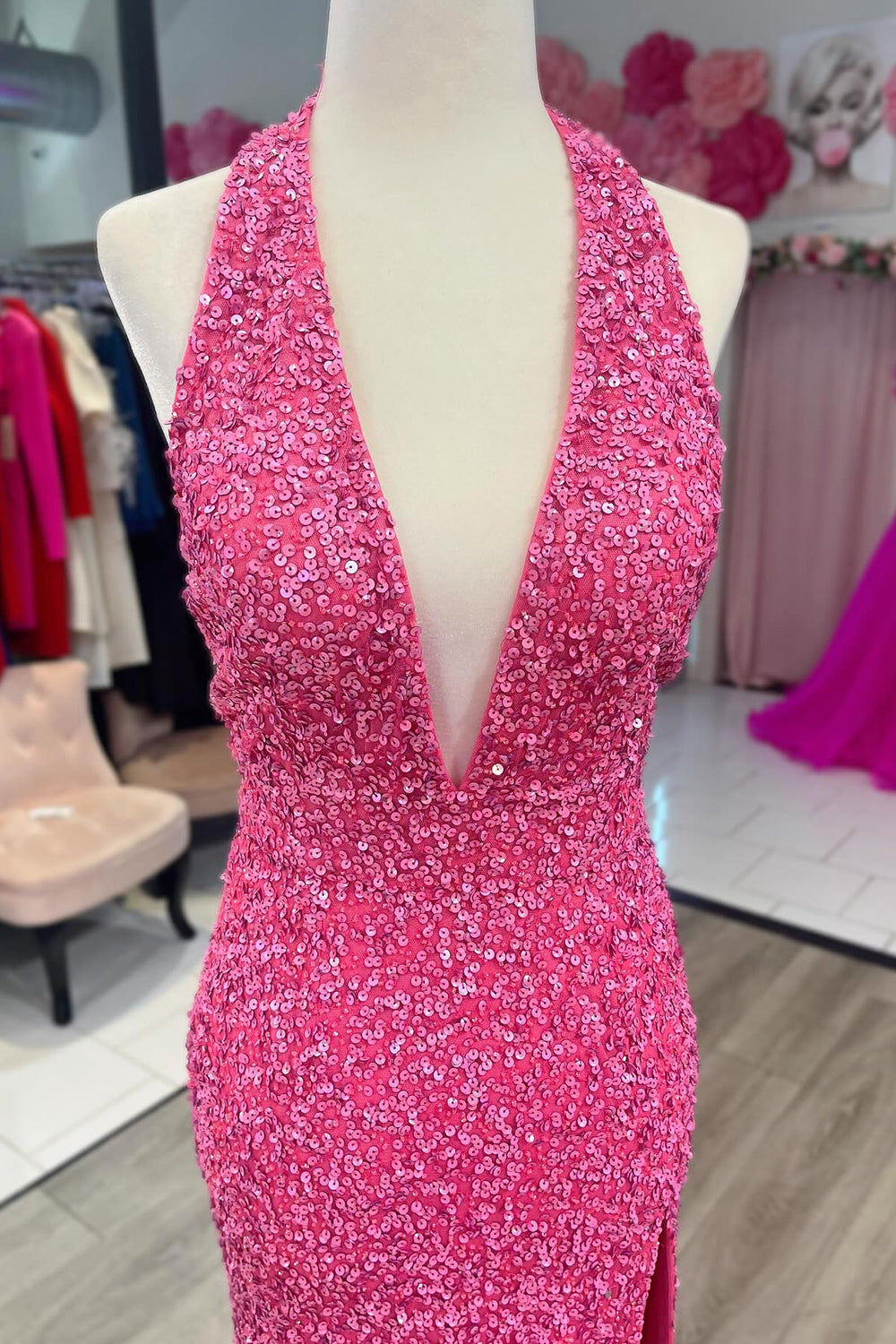 Fuchsia Prom Dress Mermaid Halter Backless Long Sequined Evening Dress with Slit