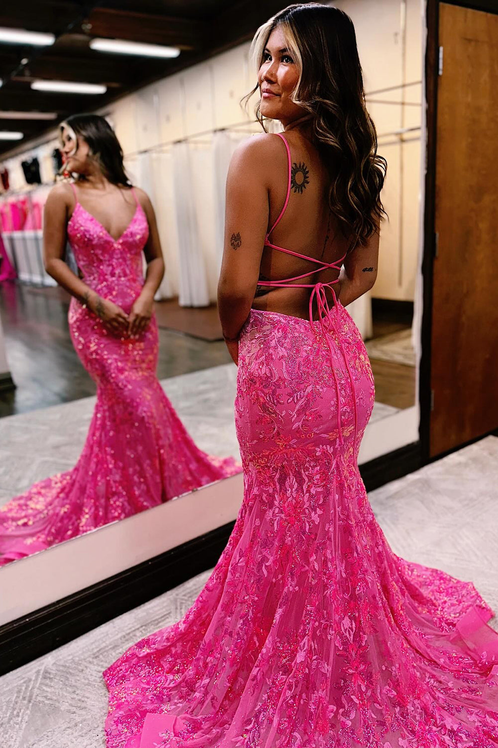 Fuchsia Prom Dress Mermaid Sequins Long Backless Formal Dress
