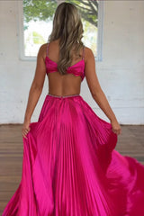 Fuchsia Prom Dress Metallic Pleated Formal Dress With Slit