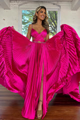 Fuchsia Prom Dress Metallic Pleated Formal Dress With Slit