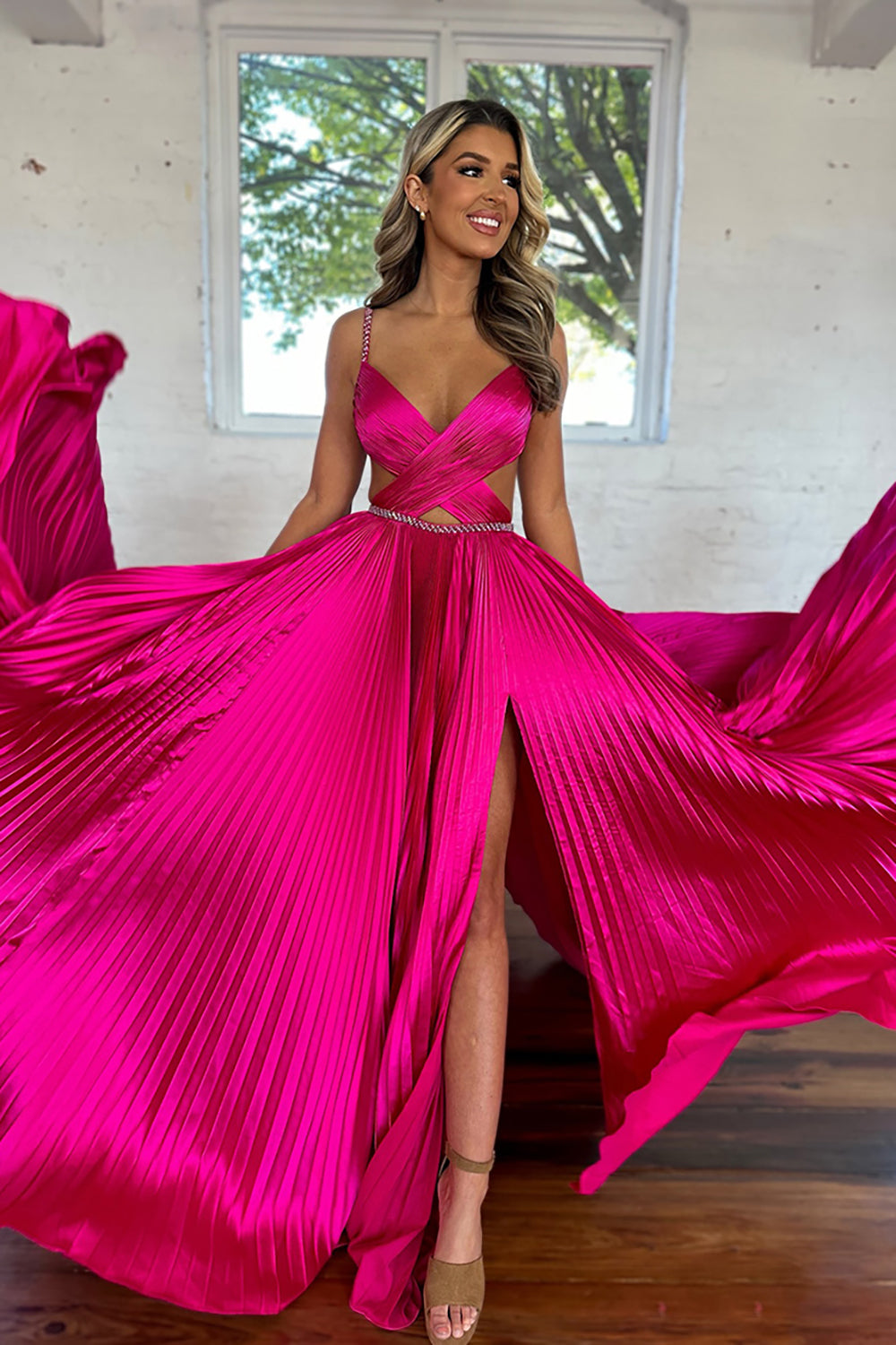 Fuchsia Prom Dress Metallic Pleated Formal Dress With Slit