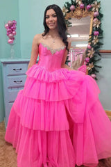 Fuchsia Prom Dress Off The Shoulder A-Line Tiered Long Formal Dress With Slit
