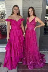 Fuchsia Prom Dress Off The Shoulder Ruffled Long Formal Dress