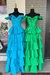 Fuchsia Prom Dress Off The Shoulder Ruffled Long Formal Dress
