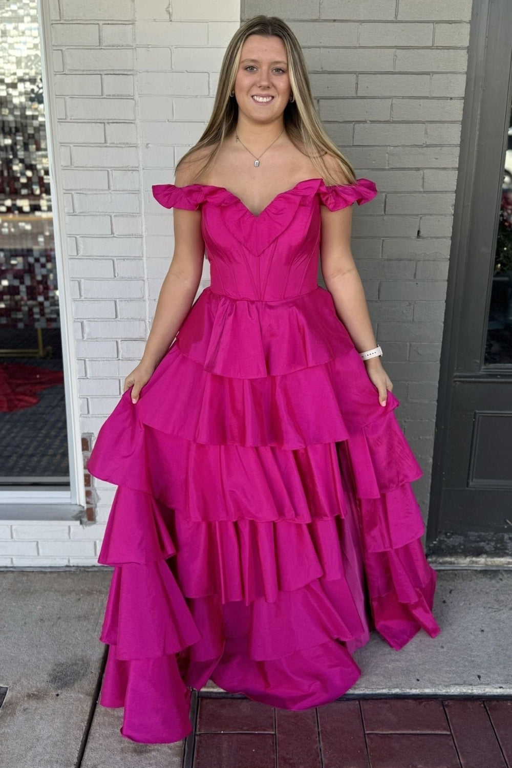 Fuchsia Prom Dress Off The Shoulder Ruffled Long Formal Dress