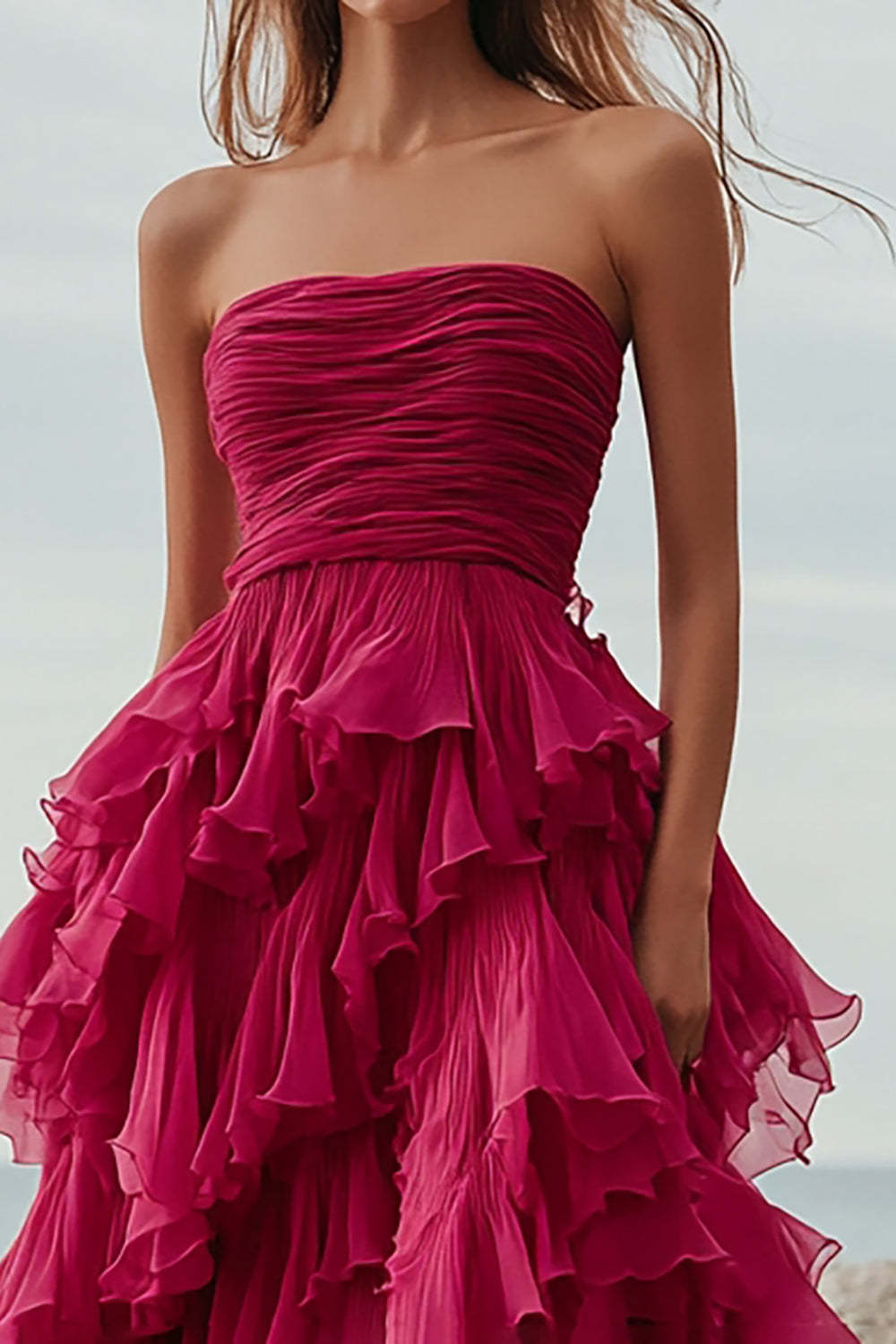 Fuchsia Prom Dress Organza Strapless Long Ball Gown Formal Dress With Ruffles