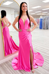 Fuchsia Prom Dress Ruched Mermaid Spaghetti Straps Long Formal Dress With Slit