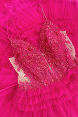Fuchsia Prom Dress Ruffled Spaghetti Straps Formal Dress With Lace