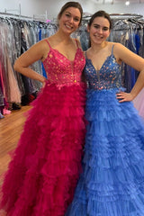 Fuchsia Prom Dress Ruffled Spaghetti Straps Formal Dress With Lace