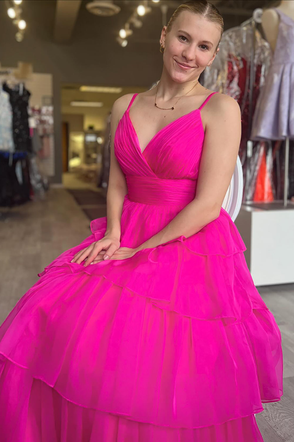 Fuchsia Prom Dress Ruffled Spaghetti Straps Tulle A Line Long Formal Dress