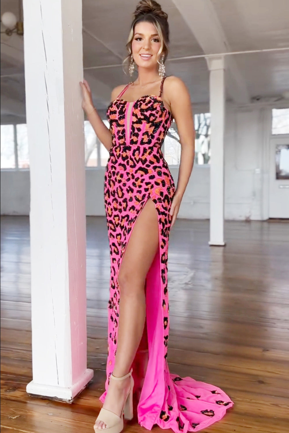 Fuchsia Prom Dress Sheath Leopard Long Formal Dress With Slit