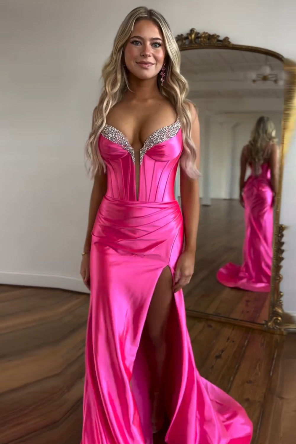 Fuchsia Prom Dress Spaghetti Straps Mermaid Corset Evening Dress with Slit