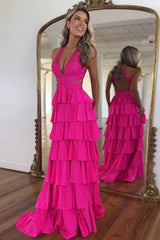 Fuchsia Prom Dress Tiered A-Line Halter Long Formal Dress With Slit