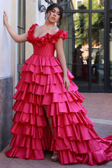 Fuchsia Prom Dress Tiered A-Line Off The Shoulder Long Formal Dress With Slit