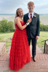 Fuchsia Prom Dress Tiered A-Line Sweetheart Hollow Out Long Formal Dress