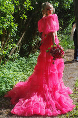 Fuchsia Prom Dress Two Piece Ruffled Long Formal Dress With Slit
