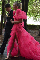 Fuchsia Prom Dress Two Piece Ruffled Long Formal Dress With Slit