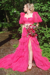 Fuchsia Prom Dress Two Piece Ruffled Long Formal Dress With Slit