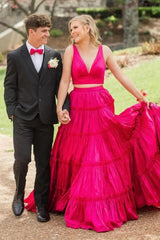 Fuchsia Prom Dress V-Neck A-Line Long Formal Dress With Bow