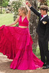Fuchsia Prom Dress V-Neck A-Line Long Formal Dress With Bow