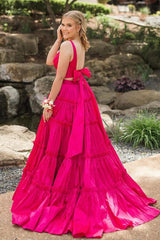 Fuchsia Prom Dress V-Neck A-Line Long Formal Dress With Bow