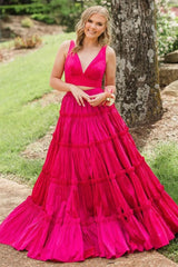 Fuchsia Prom Dress V-Neck A-Line Long Formal Dress With Bow