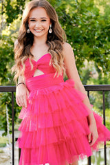 Fuchsia Ruffled Tiered A Line Homecoming Dresses Short Cocktail Dresses