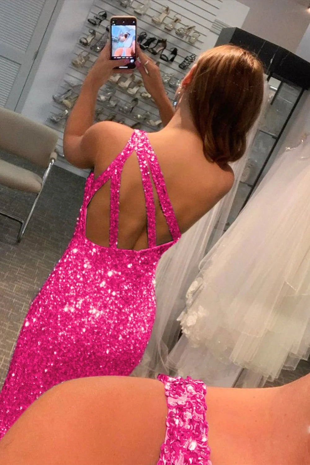 Fuchsia Sequin Prom Dress Long Evening Dress with Slit