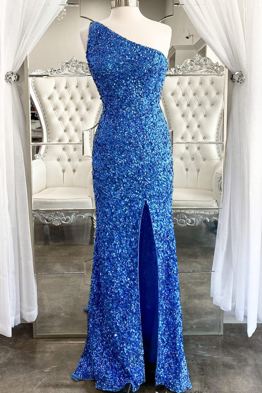 Fuchsia Sequin Prom Dress Long Evening Dress with Slit