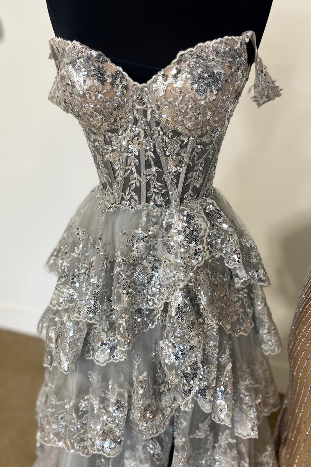 Fuchsia Tiered Long Lace Prom Dress with Slit