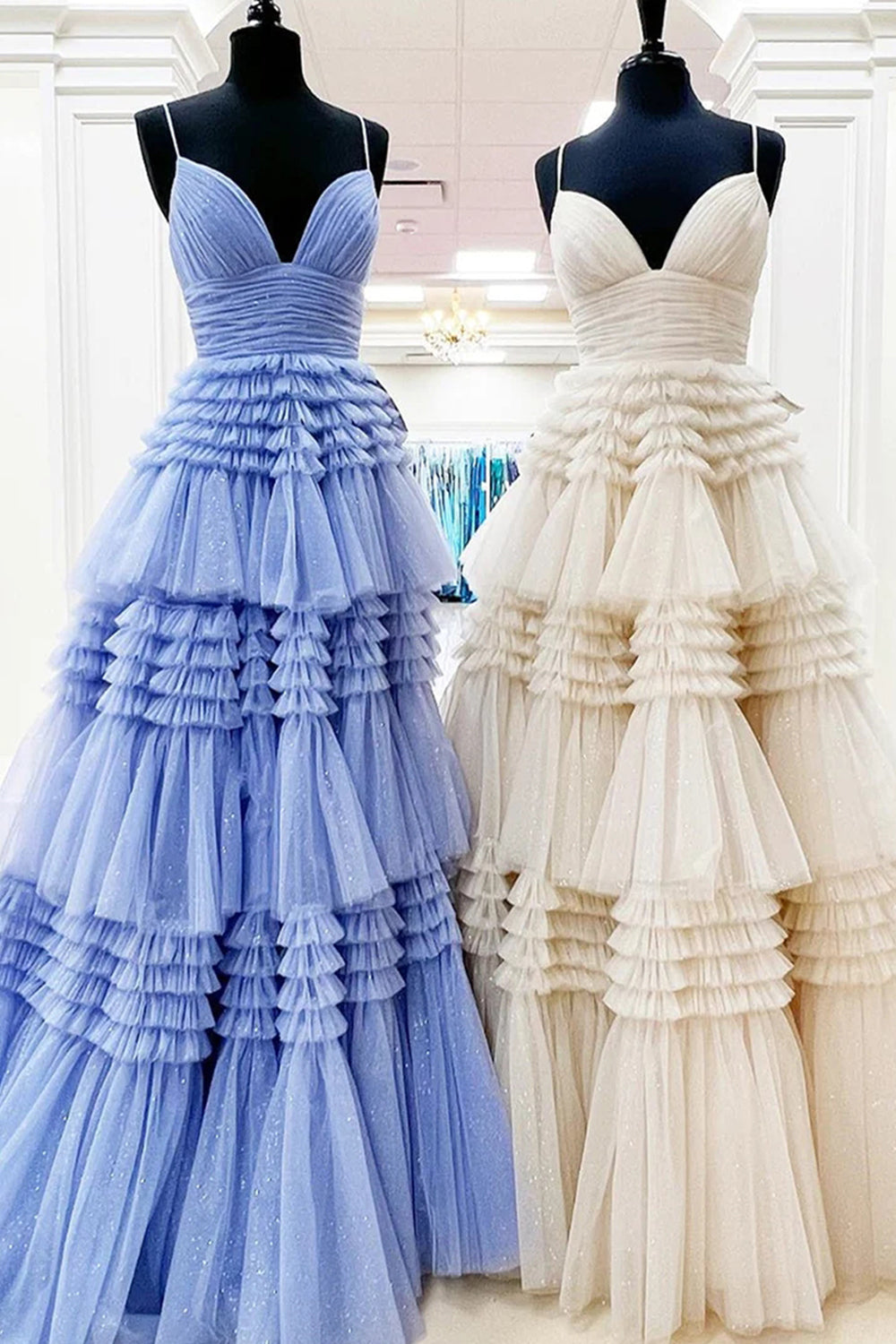 Fuchsia Tulle Spaghetti Straps Long Prom Dress