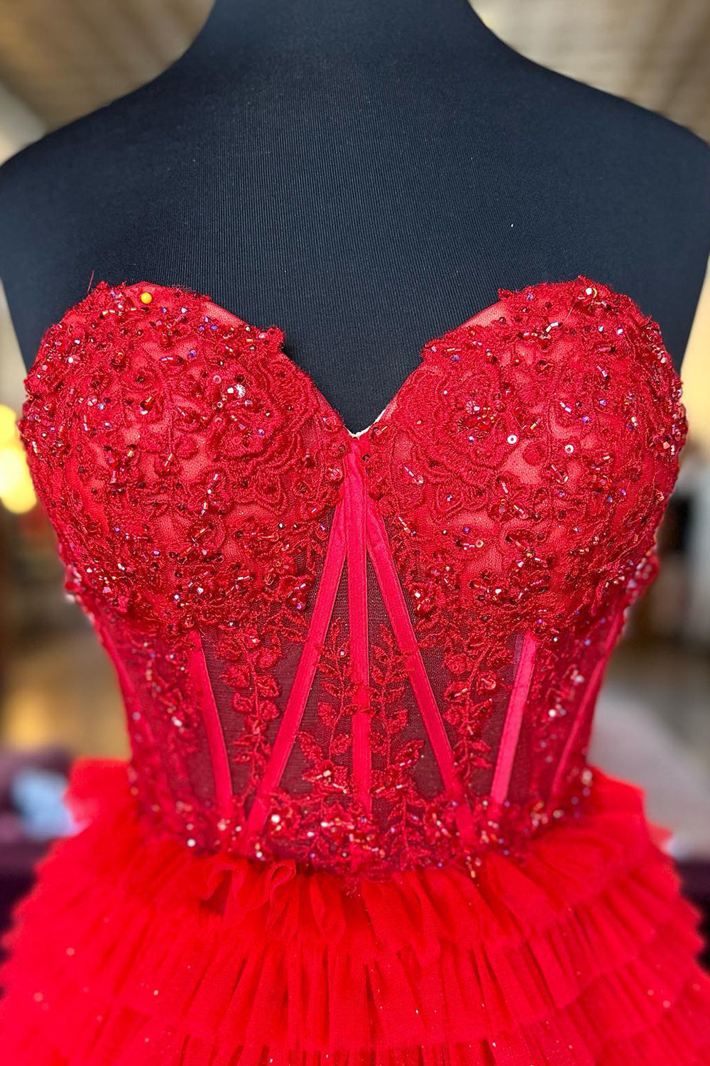 Fuchsia Tulle Tiered Corset Long Prom Dress with Lace