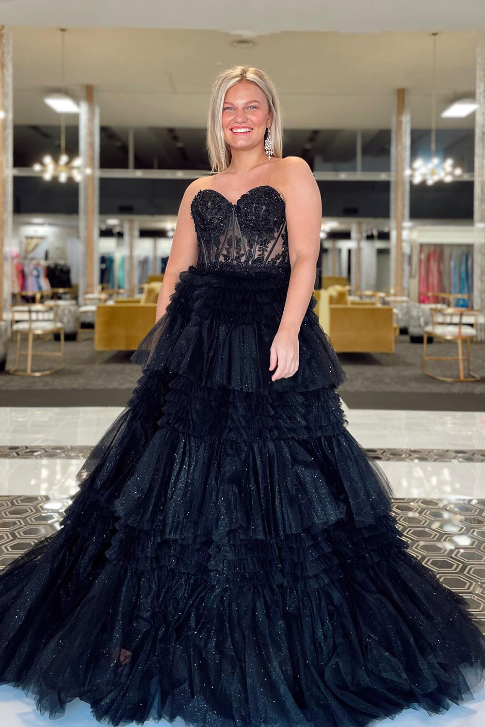 Fuchsia Tulle Tiered Corset Long Prom Dress with Lace