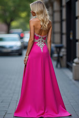 Fuchsia Wedding Guest Dress Long Sheath Satin Appliqued Prom Dress With Slit