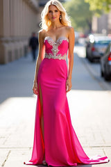 Fuchsia Wedding Guest Dress Long Sheath Satin Appliqued Prom Dress With Slit